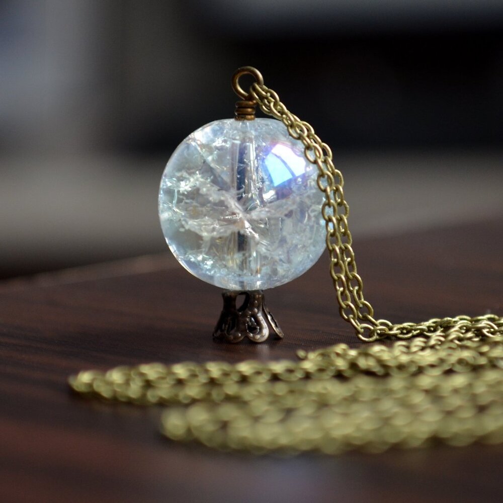 Long Crystal Ball Necklace in Antiqued Brass for Halloween